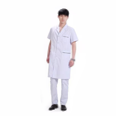 BC012-M-DB 男式长款短袖白大褂薄款(胸前口袋，口袋蓝边）