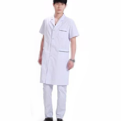 BC012-L-DB 男式长款短袖白大褂薄款(胸前口袋，口袋蓝边）