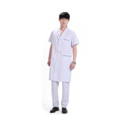 BC012-xxxL-DB 男式长款短袖白大褂薄款(胸前口袋，口袋蓝边）